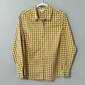 Garnet Hill‎ Blouse Women 4 Golden Brown Gingham Organic Pima Cotton Top